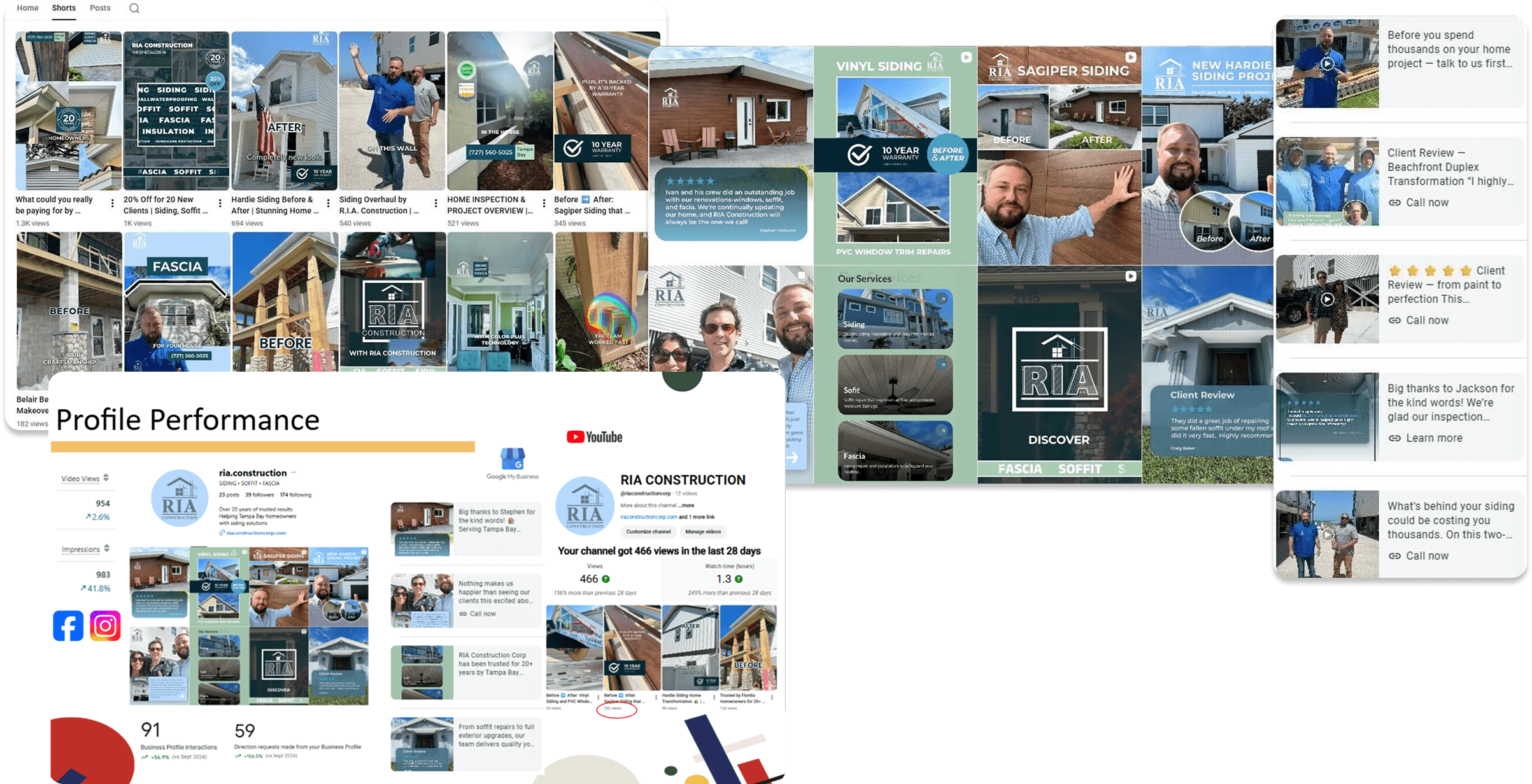 R.I.A. Construction's social media profile performance overview featuring project images, client reviews, and service highlights, emphasizing authentic content and brand authority in construction.