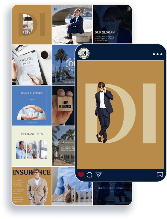 Collage showcasing Dance Insurance Group branding, featuring stylish visuals related to insurance, including a confident individual in a suit, and thematic elements like "Life Insurance" and "Dance Insurance."