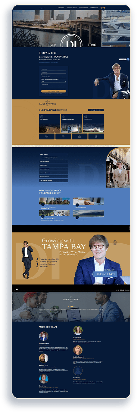 Dance Insurance Group website showcasing insurance services, featuring a professional individual in business attire, contact information, and a modern design emphasizing growth and support for Tampa Bay businesses.