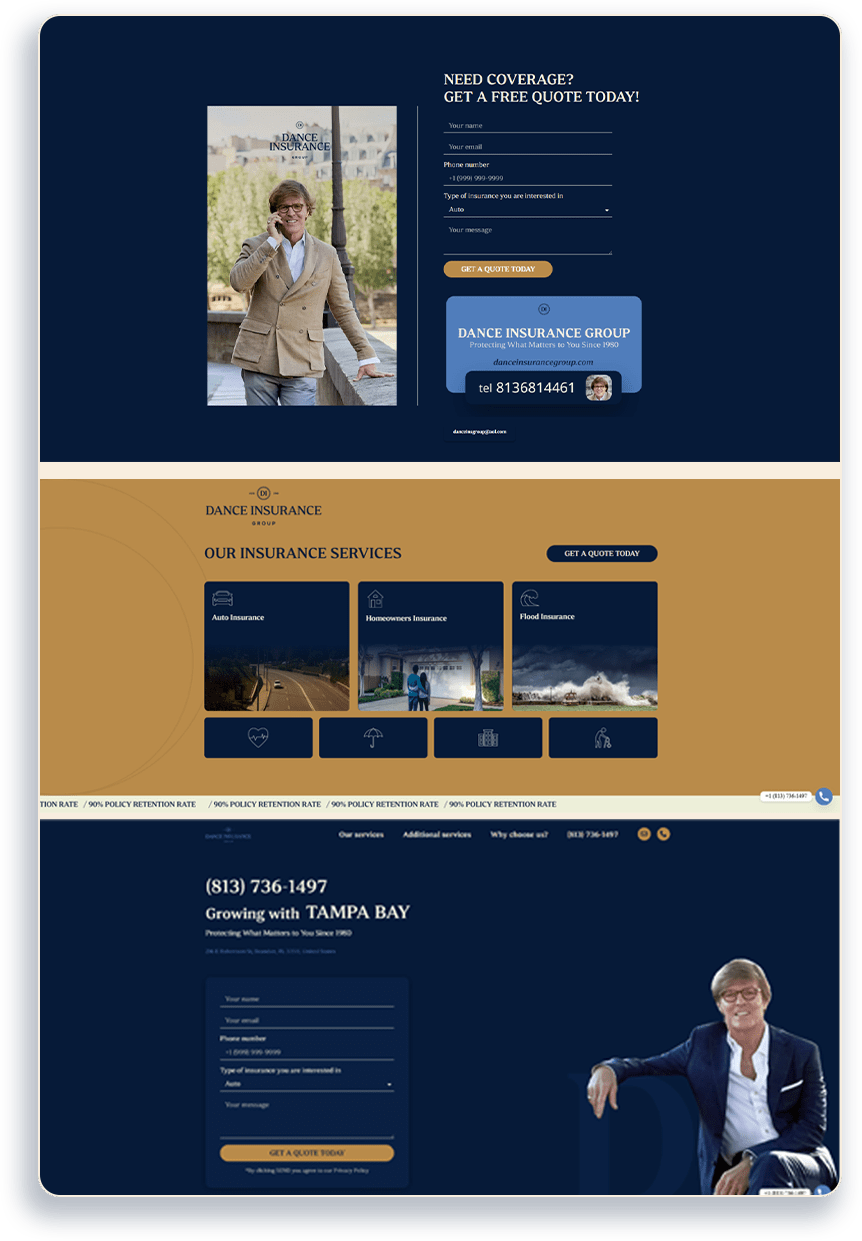 Man in a suit holding a phone, promoting Dance Insurance Group services on a professional website, featuring a call-to-action for free insurance quotes.