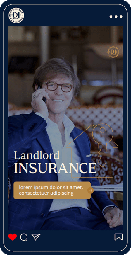 Man in a blue suit holding a phone, smiling, with text overlay "Landlord INSURANCE" and key graphic, suggesting insurance services.