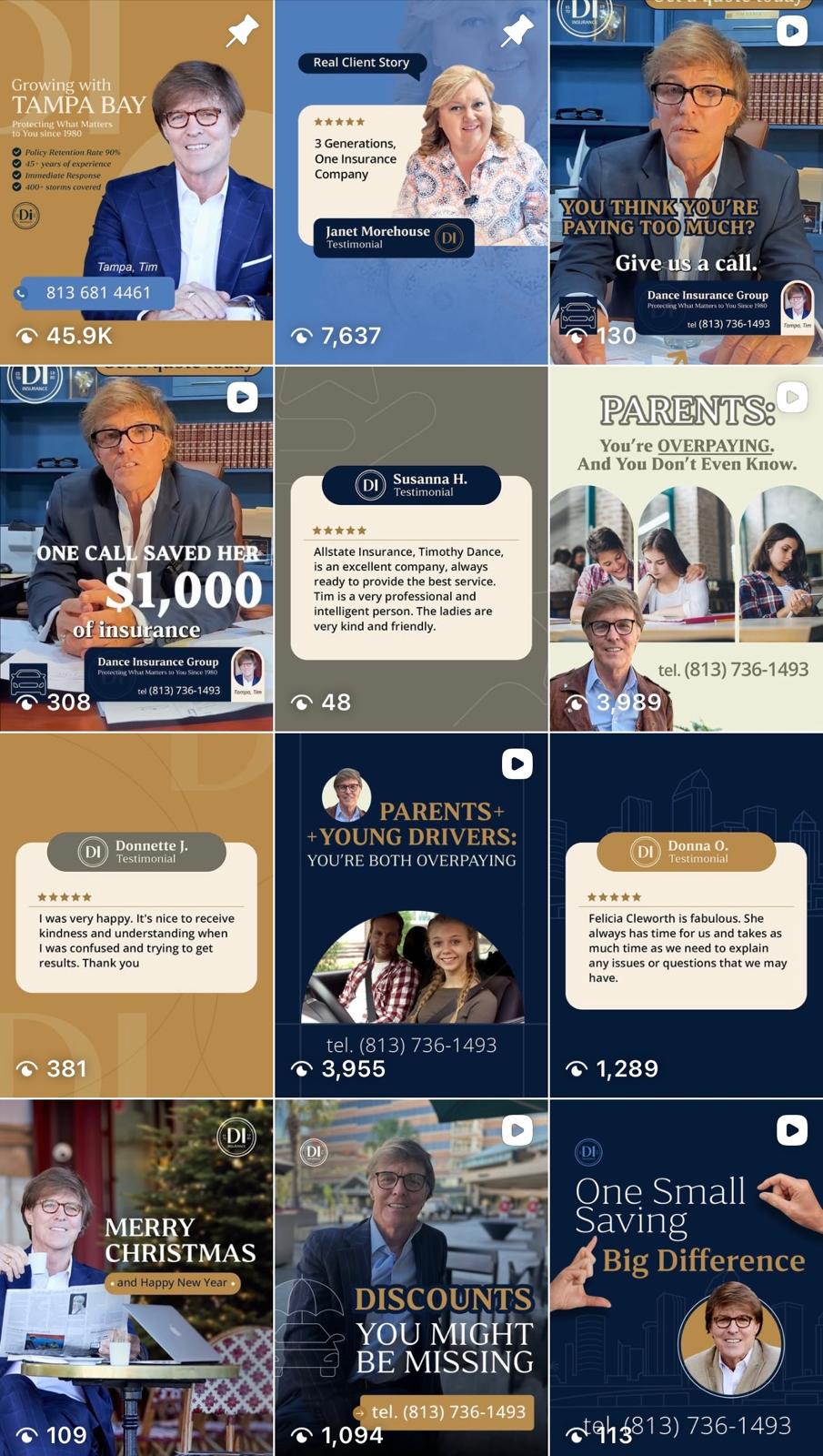 Dance Insurance Group promotional graphic featuring testimonials and contact information, emphasizing client satisfaction and insurance savings.