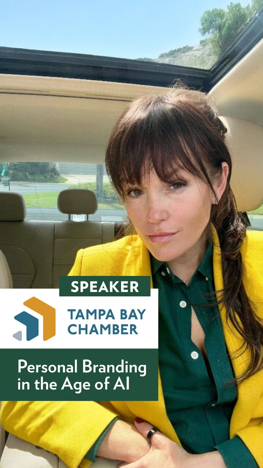 Speaker for Tampa Bay Chamber event about Personal Branding in the Age of AI, woman in yellow blazer sitting in car.
