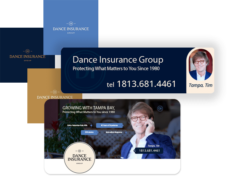 Brand style elements for Dance Insurance Group, featuring logo, contact information, and tagline emphasizing protection since 1980.