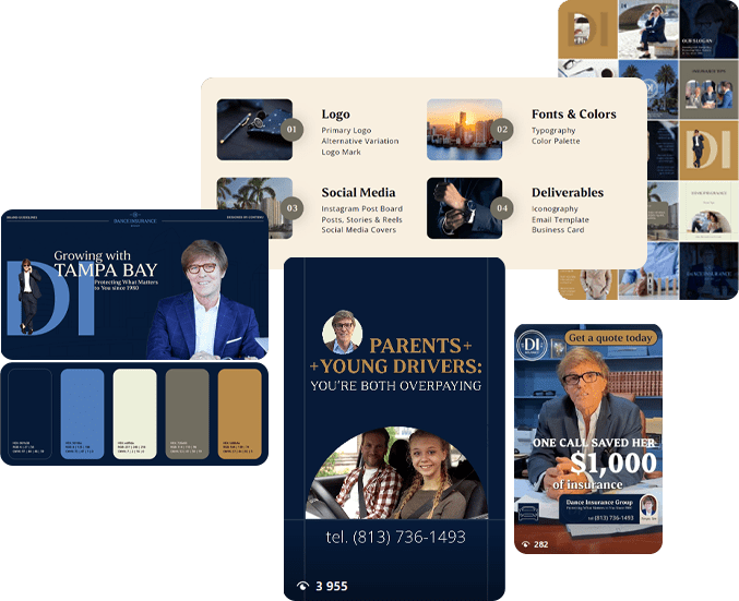 Visual branding elements for Dance Insurance Group, featuring a color palette, logo variations, social media templates, and promotional graphics highlighting insurance savings and consultation contact information.