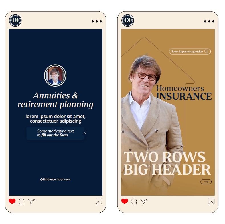 Image of two smartphone screens displaying insurance-related content, featuring a man in glasses on the right screen promoting homeowners insurance and a dark blue background on the left highlighting annuities and retirement planning.